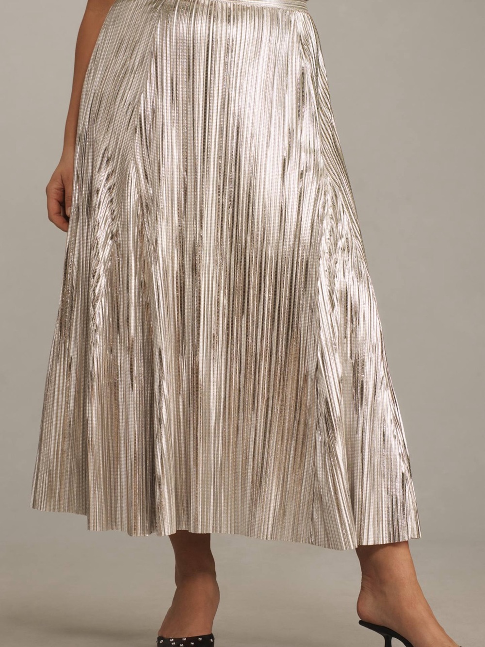 Anthropologie Metallic Pleated midi Skirt - Silver